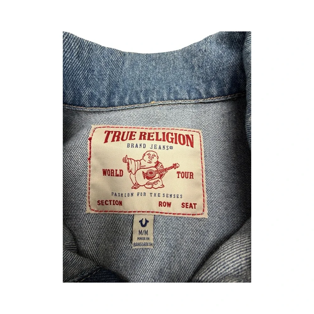 True Religion Denim Jacket Mens Medium Blue World Tour Trucker Horseshoe Stitch